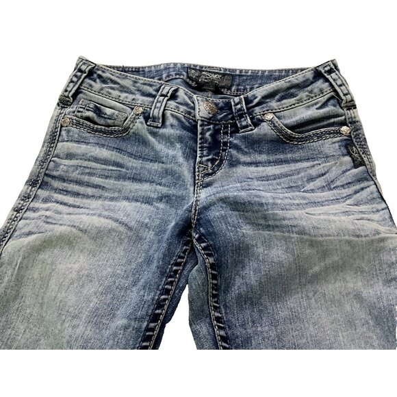 Silver Jeans Womens Blue Distressed Frances 18" Stretch Denim Pocket Boot Cut - Picture 1 of 16